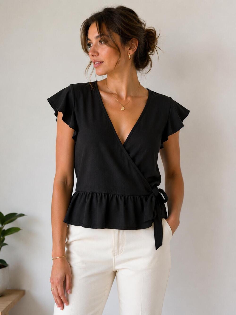 Banana Republic Black Wrap Blouse | Flutter Sleeves | Peplum Hem - M